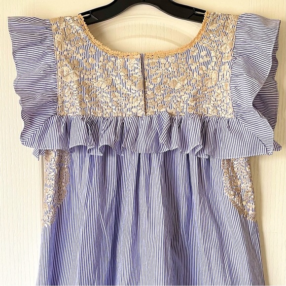 Mi Golondrina Soledad Mini Dress Floral Embroidered Cotton Blue Gold XS EUC - Picture 6 of 6